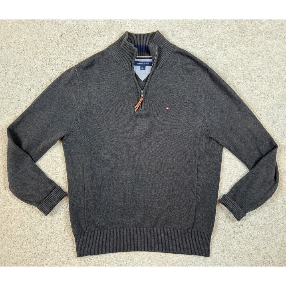 TOMMY HILFIGER Men's Gray Collared Pullover 1/4 Zip Preppy Size Medium #1454
